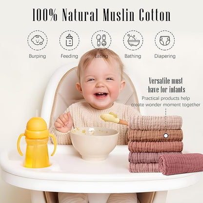 SWEET DOLPHIN 12 Pack Muslin Burp Cloths Large 100% Cotton Burping Clothes for Baby Drool - Absorbent and Soft Boys & Girls Milk Spit Up Rags for Newborn Essentials Registry - Muted Terracotta