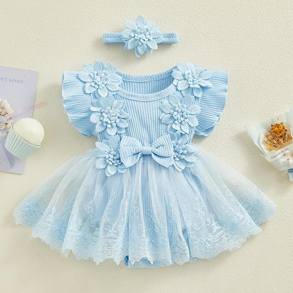 Infant Baby Girl Lace Romper Baby Tulle Dress Romper Flowers Bodysuit Spring Summer Festival Clothes with Headband