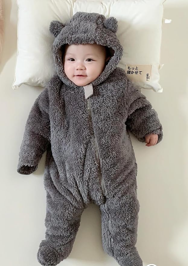 Newborn Baby Romper Fleece Onesie Jumpsuit Toddler Warm Hooded Outwear Outfits for Infant