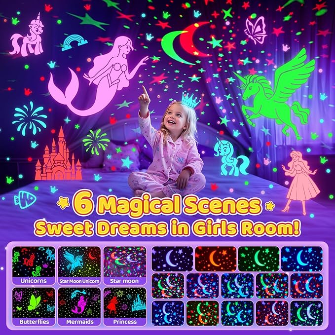 Onefire Girls Toys for Girl Gifts, 6 Films Light Projector Unicorn Toys for Girls Age 4-6, Rechargeable Night Lights for Bedroom, 360° Rotating Butterfly Decor Mermaid Gifts Princess Baby Toddler Toys