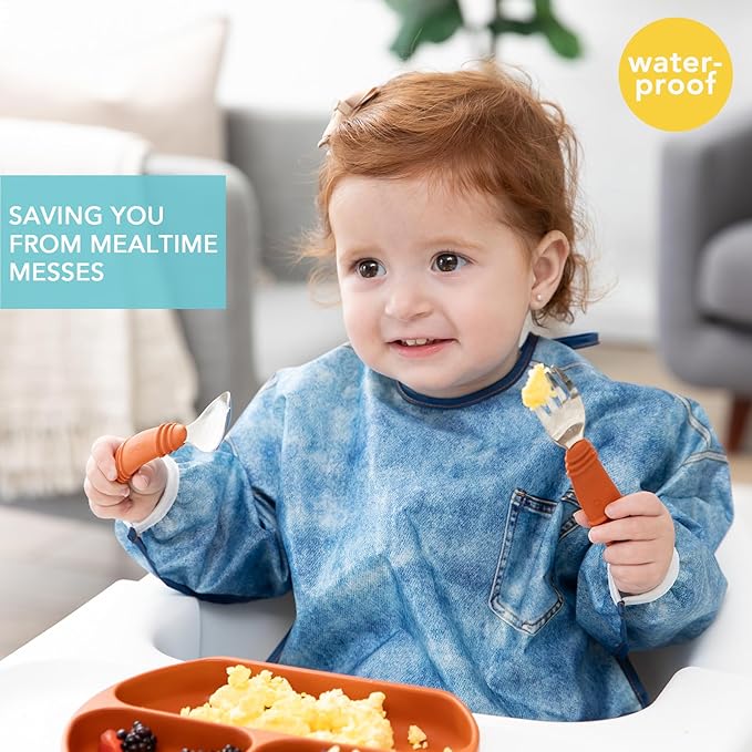 Bumkins Sleeved Bib for Girl or Boy, Baby and Toddler for 6-24 Mos, Essential Must Have for Eating, Feeding, Baby Led Weaning Supplies, Long Sleeve Mess Saving Food Catcher, Soft Fabric, Faux Denim