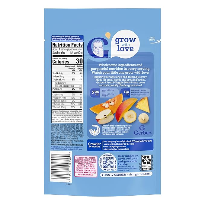 Gerber Stage 3 Baby Snacks, Truly Tropical Blend, Fruit & Veggie Melts, Baby Led Feeding, 7PK