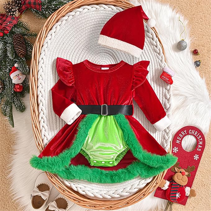 Newborn Infant Baby Girl Christmas Clothes Santa Claus Romper Dress Fur Trim Velvet Jumpsuit Bodysuit Hat Costume