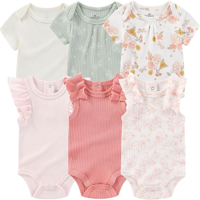 Baby Bodysuit 6 Pack Soft Mixed Ribbed Short Sleeve Romper Infant Boy Girl Clothes Set