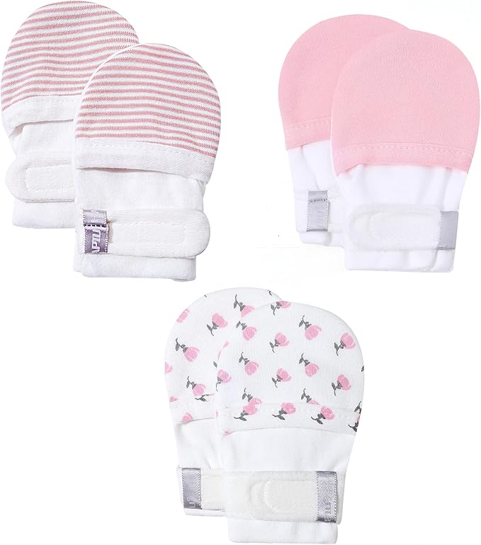 HAPIU Baby No Scratch Mittens Stay On, 100% Cotton Breathable, Adjustable Infant Gloves for Boys Girls, Newborn - 12 M