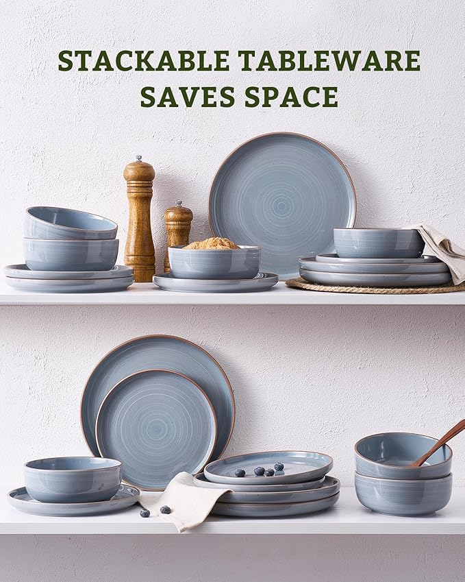 Famiware Meteor Plates and Bowls Sets for 4, 12 Pieces Dinnerware Sets, Microwave and Dishwasher Safe Dishes Set, Blue Gray