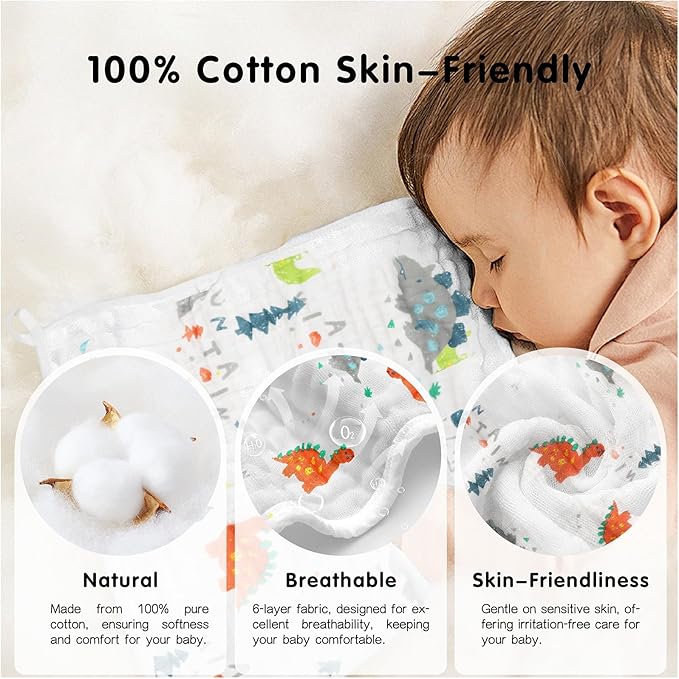 Muslin Burp Cloths 100% Cotton 20''x10'' Hand Washcloths for Baby, Super Soft and Absorbent 6 Layers Baby Burping Cloth for Boys Girls (Dinosaur & Animals, 6 Pack)