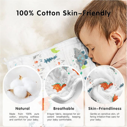 Muslin Burp Cloths 100% Cotton 20''x10'' Hand Washcloths for Baby, Super Soft and Absorbent 6 Layers Baby Burping Cloth for Boys Girls (Dinosaur & Animals, 6 Pack)