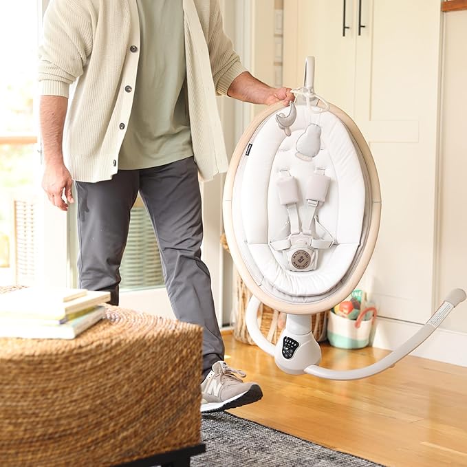 Maxi-COSI Cassia Smart Baby Swing for Infants, Portable Foldable Swing with Music, 360 Rotation, 5 Speeds, 12 Melodies, EcoCare Fabric, Auto Motion Sensor, 2 Reclines, Truffle