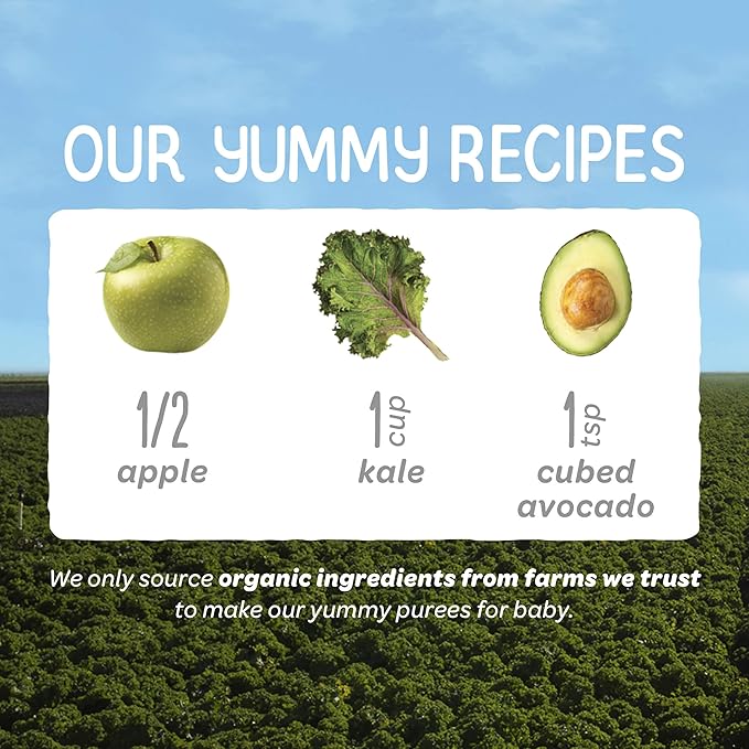 Happy Baby Organics Stage 2 Baby Food Pouches, Gluten Free, Vegan & Healthy Snack, Clearly Crafted Fruit & Veggie Puree, Apples, Kale & Avocados, 4 Ounces (Pack of 16)