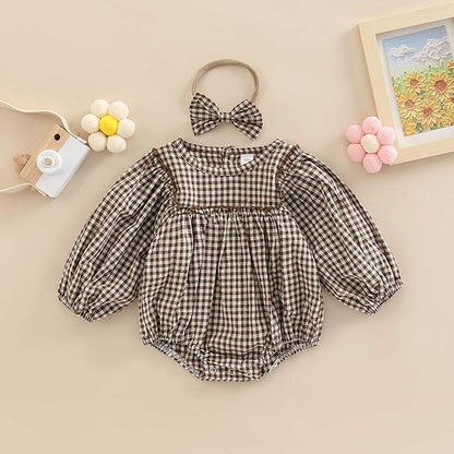 Douhoow Infant Baby Girl Plaid Romper Baby Sweatshirt Romper Ruffle Festival Clothes Fall Winter Outfits with Headband