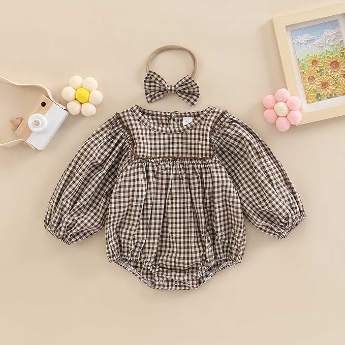 Douhoow Infant Baby Girl Plaid Romper Baby Sweatshirt Romper Ruffle Festival Clothes Fall Winter Outfits with Headband