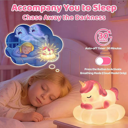 Mewaii Cloud Unicorn Night Light for Kids-Wireless Charging Cloud Base, 3-Level Dimmable 7-Color Changing & 30-Min Timer, Portable Girls Night Lamp, Cute Unicorn Gifts for Girls Baby Nursery Decor