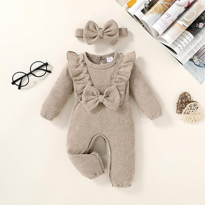 Happy Town Baby Girl Romper Infant Fall Winter Clothes Ruffle Sweater Long Sleeve Bodysuit Jumpsuit and Headband