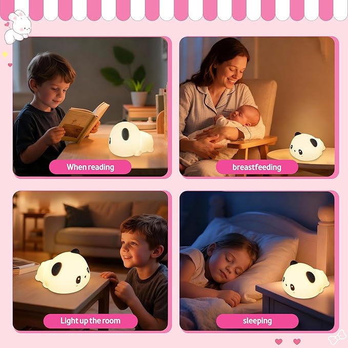 Night Light for Kids, Rechargeable Dimmable Silicone LED Nightlight with 7 Colors, Baby Nursery Night Lamp, Touch Squishy Lamp, Cute Gifts for Girls, Boys, Toddler Room Decor, Lying Panda