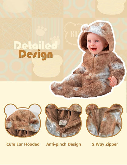 Jimonda Baby Tie Dye Snowsuit Winter Fleece Jumpsuit 0-18 Months, 100% Polyester Hooded Romper with Bear Ears for Infant