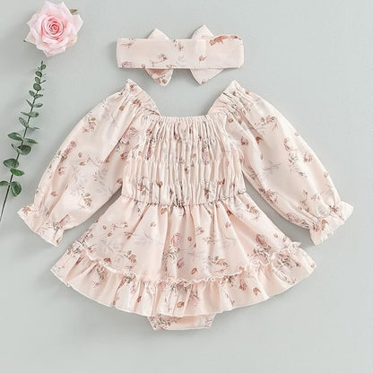 2pcs Infant Baby Girls Romper Dress Headband Long Sleeve Clothing Flowers Newborn Boho Girl Outfit Jumpsuit Clothes