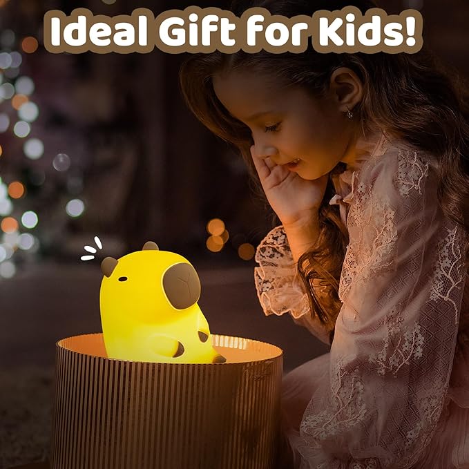 Huggwaii Squishy Capybara Night Light for Kids - Soft Silicone Tap-Control Kids Night Light with 2 Brightness Levels & 20-Min Timer, Cute Lamp for Nursery Bedroom Decor, Baby Gift (1200mAh Battery)