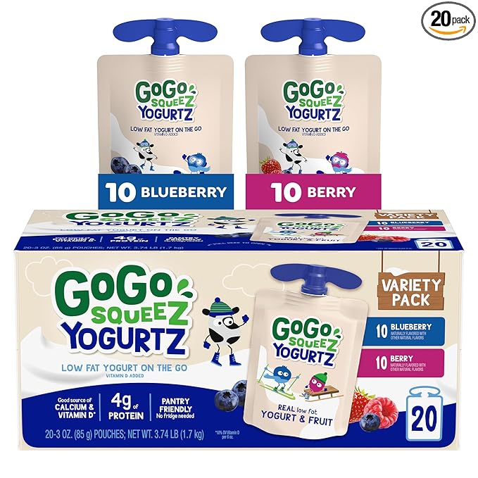 GoGo squeeZ yogurtZ Variety Pack, Blueberry & Berry, 3 oz (Pack of 20), Kids Snacks Made from Real Yogurt and Fruit, No Fridge Needed, Gluten Free, Nut Free, Recloseable Cap, BPA Free Pouches