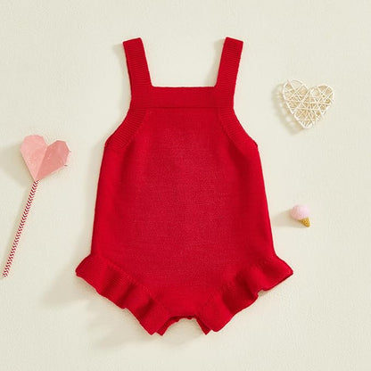 Infant My First Valentines Baby Girl Outfit Newborn Button Heart Embroidery Knit Romper Bubble Bodysuit One Piece
