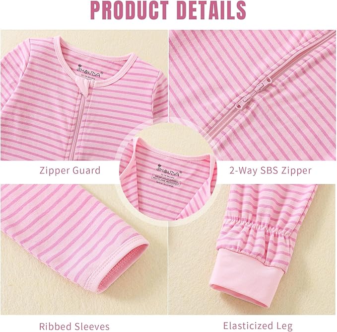 Jimonda Baby Sleeper Rompers,Unisex Boys Girls Zip-Front Pajamas One-Piece Footless Outfit 0-24 Months (Pack of 2