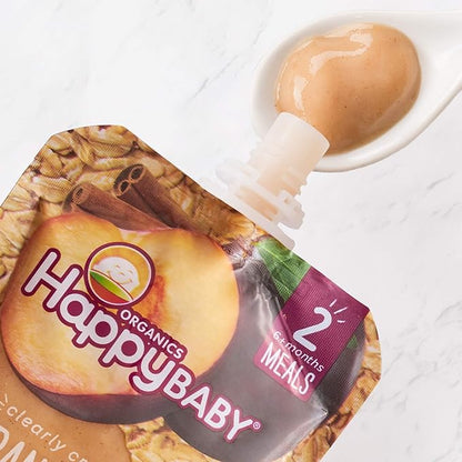 Happy Baby Organics Stage 2 Baby Food Pouches, Gluten Free, Vegan & Healthy Snack, Clearly Crafted Fruit & Veggie Puree, Apples, Bananas, Plums & Granola, 4 Ounces (Pack of 16)