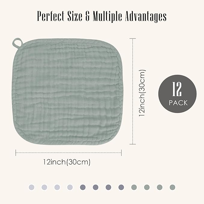 Baby Washcloths -100% Cotton Muslin Soft Baby Bath Wash Cloths and Absorbent Baby Wipes for Newborns Kids Girls and Boys - 12 Pack, 12x12 Inches - Grey, Green, Slate