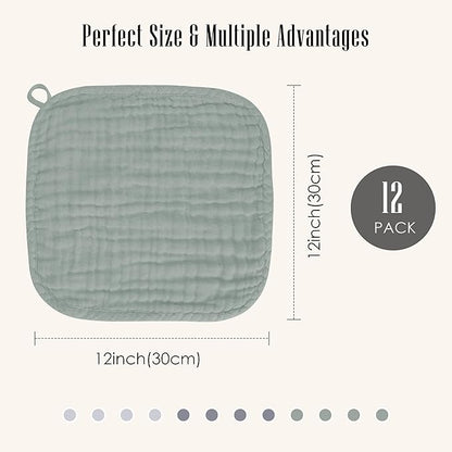 Baby Washcloths -100% Cotton Muslin Soft Baby Bath Wash Cloths and Absorbent Baby Wipes for Newborns Kids Girls and Boys - 12 Pack, 12x12 Inches - Grey, Green, Slate
