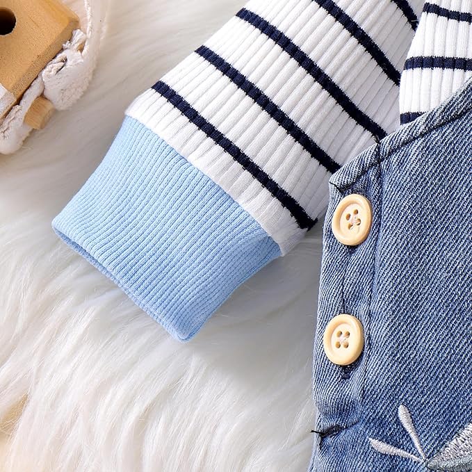 Baby Boy Clothes Fall Winter Outfits Long Sleeve Striped Romper Cute Cartoon Jeans Overalls Pants Set 0-18 Months