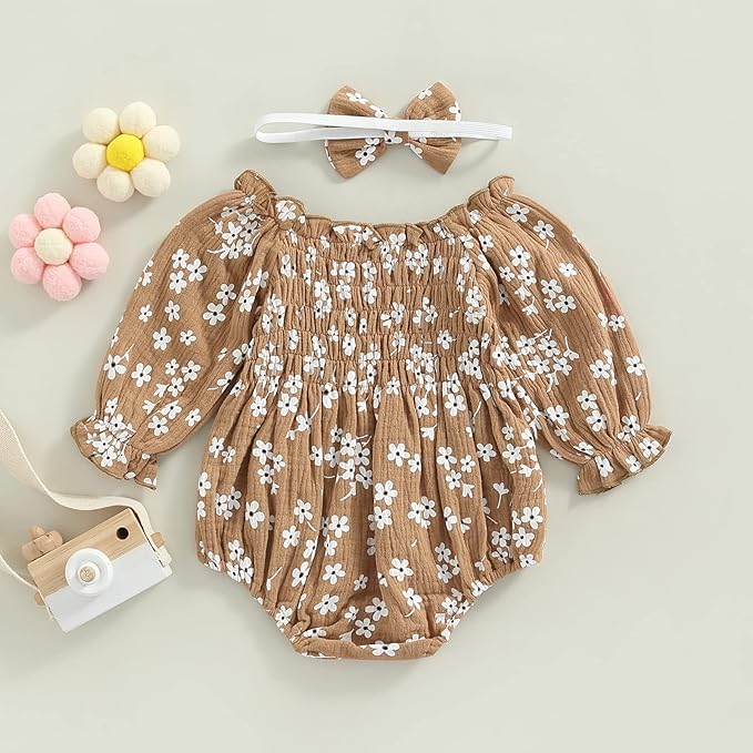 2pcs Infant Baby Girls Romper Dress Headband Long Sleeve Clothing Flowers Newborn Boho Girl Outfit Jumpsuit Clothes