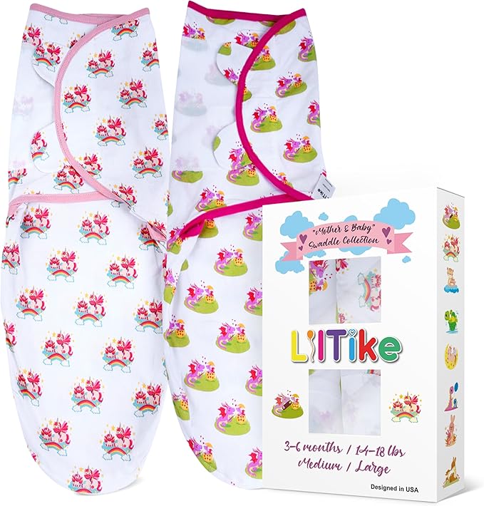 LilTike Swaddle - Mother & Baby Collection, Med/Lg, 2 Pack, Pegasus and Dragon, Cotton Baby Swaddles with Zipper, 3-6 Months, Swaddles for Newborns, Baby Sleep Sack, Baby Swaddle Blanket Wrap