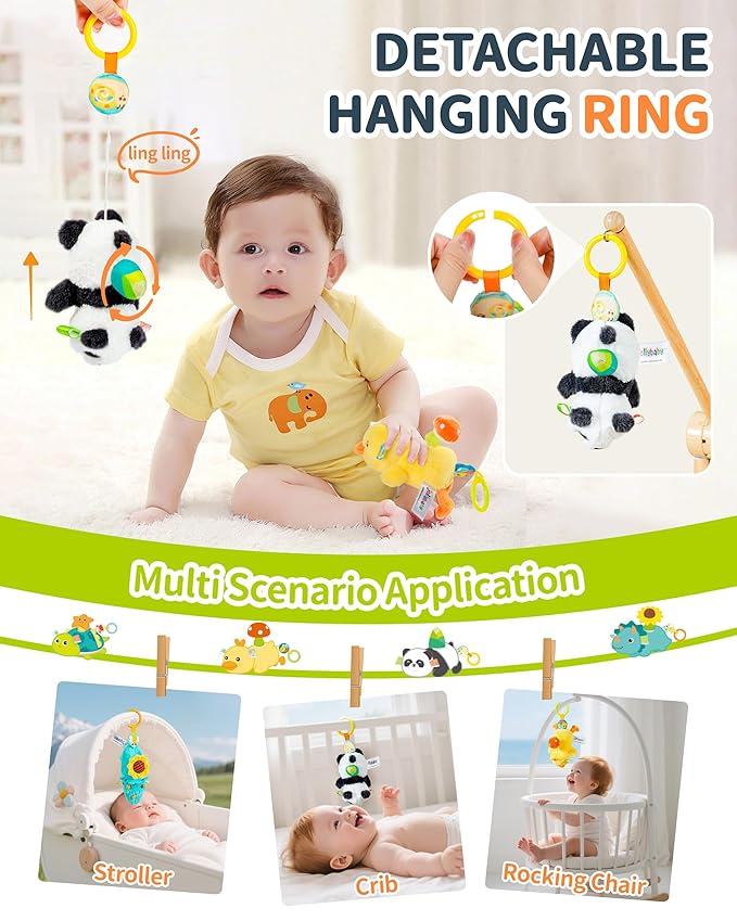 Jollybaby Baby Rattles & Soft Plush Hanging Toy for Stroller Crib car seat and Play Gym, Sensory Developmental Vibrating Toys for Newborn, Baby Christmas Stocking/Socks Stuffers Gifts - Panda