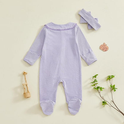 Gaono Newborn Baby Girl Romper Waffle Knit Striped Long Sleeve Doll Collar Heart Bow Jumpsuit Bodysuit Fall Winter Clothes