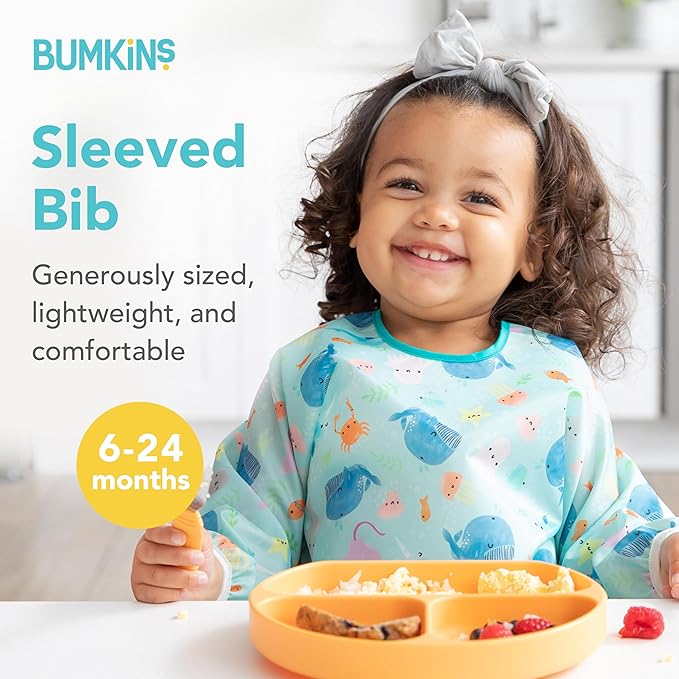 Bumkins Bibs, Baby and Toddler Girls and Boys 6-24 Months, Long Sleeve, Essential Must Have for Eating, Feeding, Mess Saving Lightweight Waterproof Fabric Sleeved Smock, Ocean Life