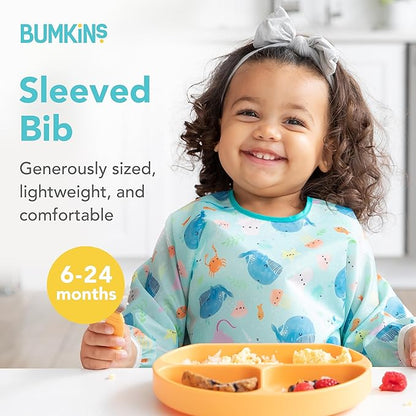 Bumkins Bibs, Baby and Toddler Girls and Boys 6-24 Months, Long Sleeve, Essential Must Have for Eating, Feeding, Mess Saving Lightweight Waterproof Fabric Sleeved Smock, Ocean Life
