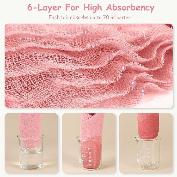 Yoofoss Muslin Baby Bibs 10 Pack 100% Organic Cotton 6-Layer Soft Absorbent Drool Bandana Baby Bibs for Drooling and Teething for Boys and Girls, Gradient Pink