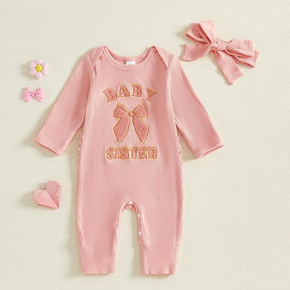 WZTYYDS Newborn Baby Girl Clothes Ribbed Romper Print Long Sleeve Jumpsuits Bow Headband Set Infant One-piece Outfits
