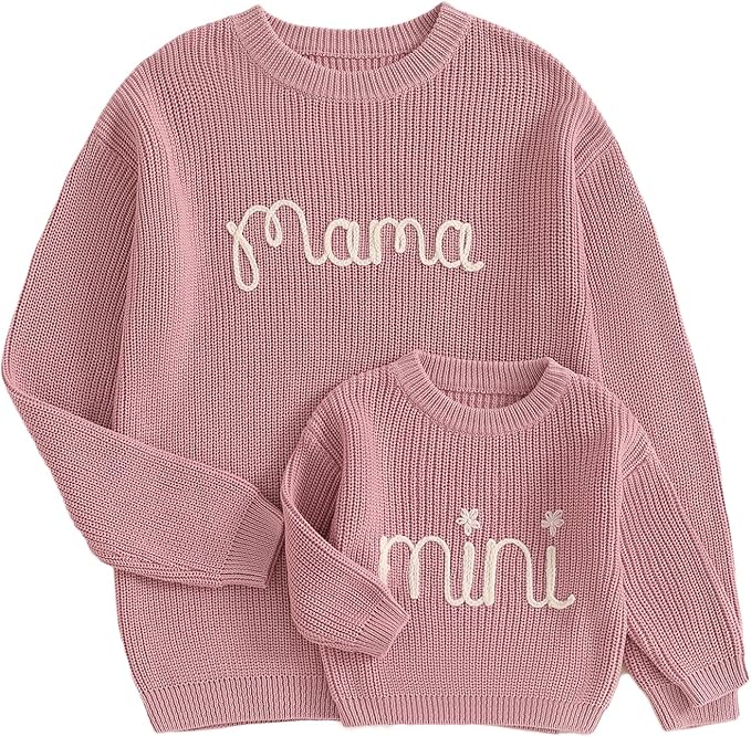 Mommy and Me Sweater Matching Family Outfit Long Sleeve Knit Sweater Pullover Mom and Baby Clothes