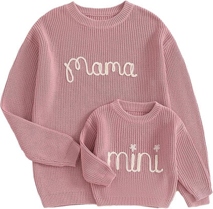 Mommy and Me Sweater Matching Family Outfit Long Sleeve Knit Sweater Pullover Mom and Baby Clothes