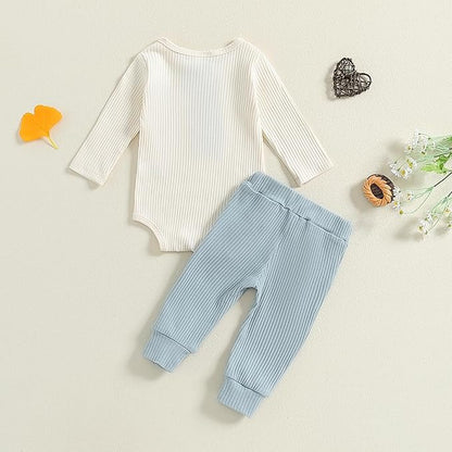 fhutpw Baby Boy Clothes 3 6 12 18 Months Ribbed Knitted Long Sleeve Romper and Pants Sets Newborn Fall Splicing Color Outfits