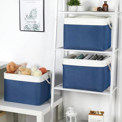 Bidtakay Large Storage Baskets for Shelves 3 Pack Fabric Storage Bins for Organizing Navy Blue Decorative Baskets Linen Collapsible Organizer for Closet