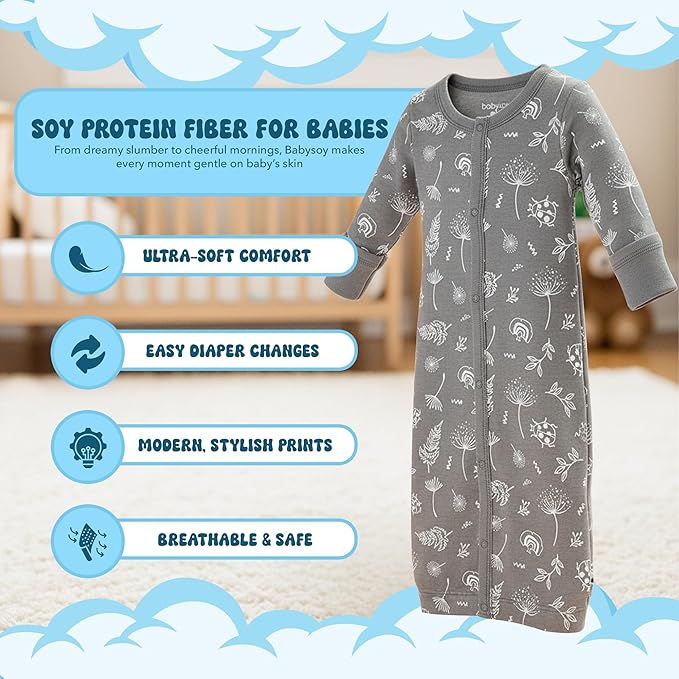 Babysoy Baby Long Sleeve Gown Sleep Sack, Ultra Soft Nightgown, Modern Prints, Reversible Mittens
