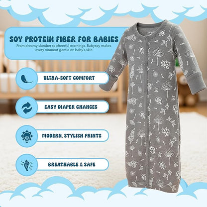 Babysoy Baby Long Sleeve Gown Sleep Sack, Ultra Soft Nightgown, Modern Prints, Reversible Mittens