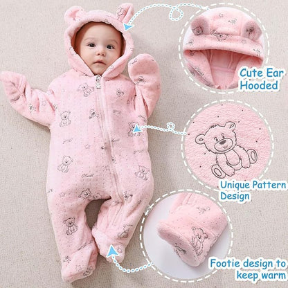 Fairy Baby Newborn Baby Bear Onesie Thin Fleece Footie Romper Snowsuit Hooded Jumpsuit Bodysuit Winter Outwear Boy Girl 0-12M
