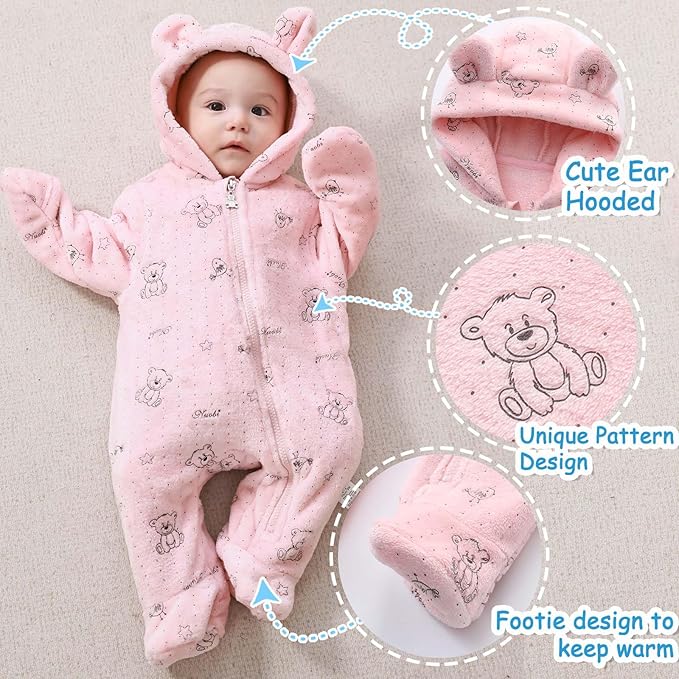 Fairy Baby Newborn Baby Bear Onesie Thin Fleece Footie Romper Snowsuit Hooded Jumpsuit Bodysuit Winter Outwear Boy Girl 0-12M