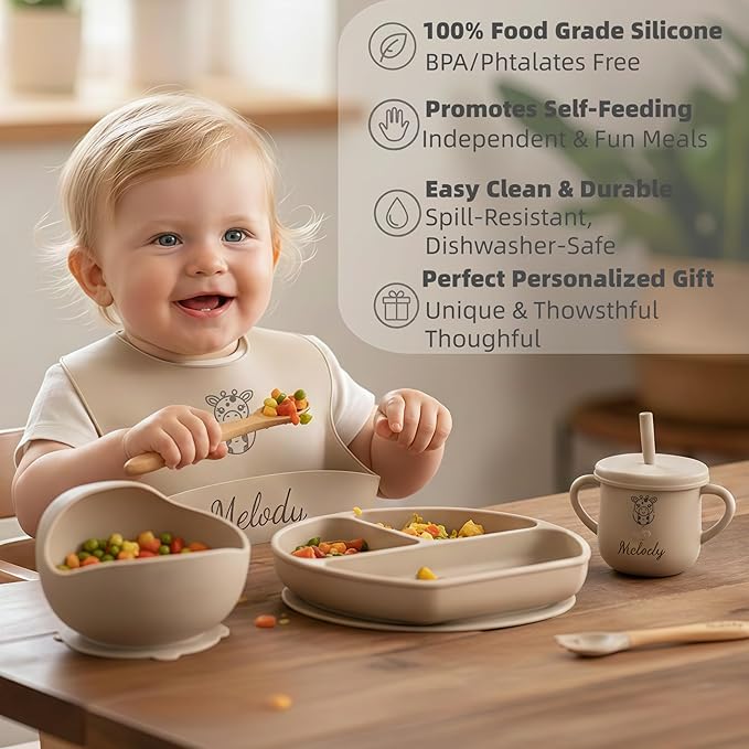 Personalized Name Food Grade 6pcs Baby Feeding Set with Spoon, Fork,Silicone Suction Bowls,Cup,Plate,and bib BPA Free - First Stage Self Feed (Color Khaki Y24)