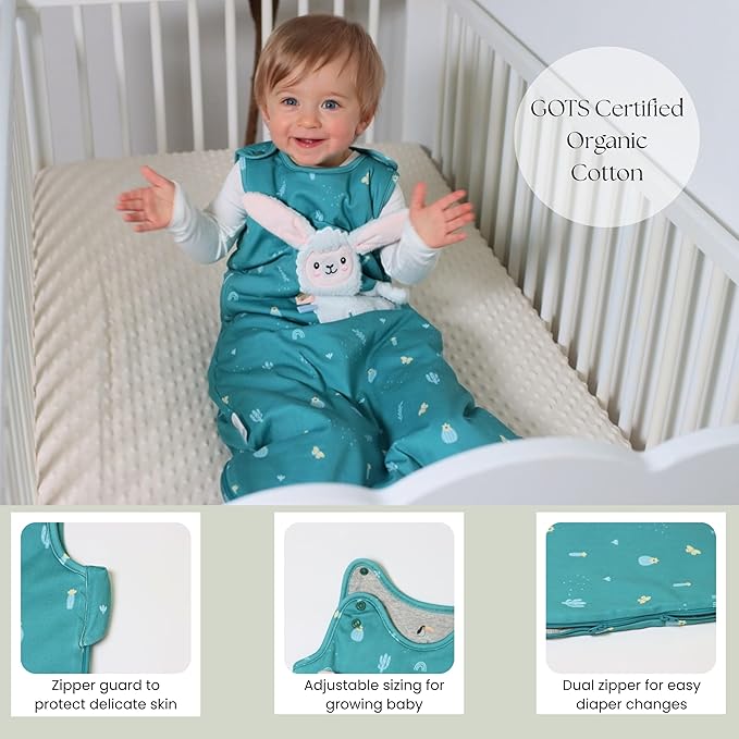 Unisex Organic Cotton Sleep Sack with attached Security Lovey for Self Soothing - Baby Wearable Blanket for Newborn Infant Shower Gifts (Llama, 6-18 Months, 1.0 Tog)