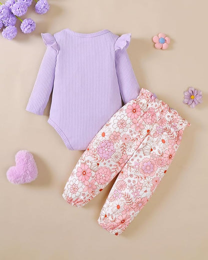 Jecson Newborn Baby Girl Clothes: Soft Cotton Infant Outfits Ruffles Sleeve Romper & Pants Set Cute Fall Home Outing 0-18M