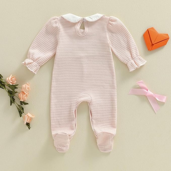 Gaono Newborn Baby Girl Romper Waffle Knit Striped Long Sleeve Doll Collar Heart Bow Jumpsuit Bodysuit Fall Winter Clothes