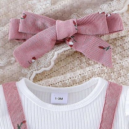 Infant Baby Girls Fall Outfit Long Sleeve Romper Floral Print Fake Two Pieces Patchwork Bow Jumpsuits And Headband Set